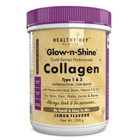 HealthyHey Nutrition Skin Support - Glow & Shine? Collagen Power 200g | Gold Series Hydrolysed Collagen for Women and Men with Hyaluronic Acid, Biotin, Vitamin C, and E for Healthy Skin, Hair and Nails - (Lemon, 200Gm)